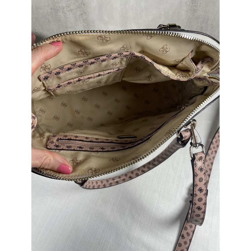 Guess Bella Vita Dome Satchel Handbag White Brown Logo Print Convertible Strap - Picture 14 of 15
